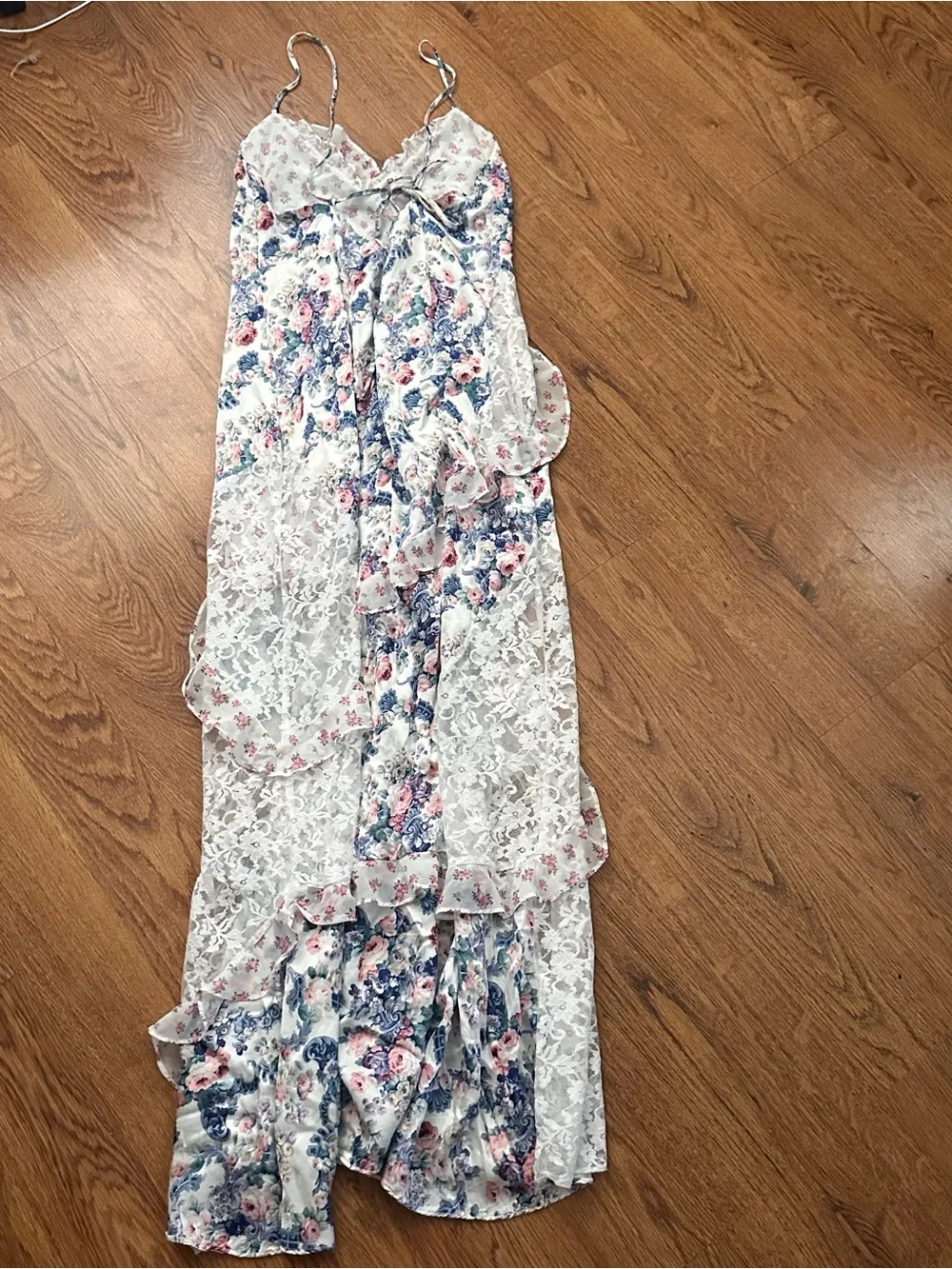 For Love & Lemons Blue Pink Floral Backless Lace Maxi Dress large Joselyn
